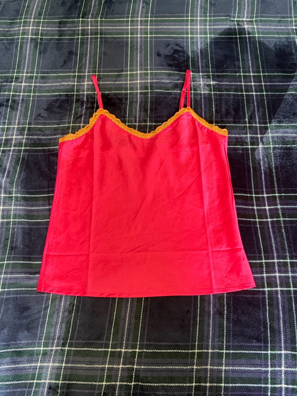 Hot pink lace trim cami top with orange lace trim. Size S.
